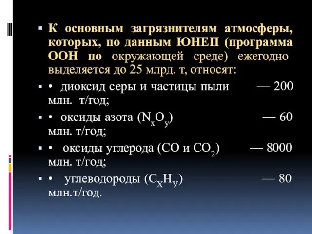 К основным загрязнителям атмосферы, которых, по данным ЮНЕП (программа ООН