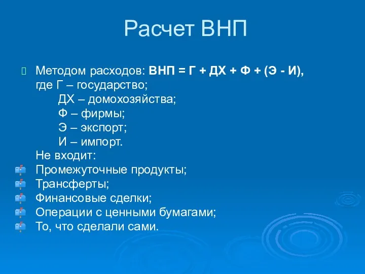 Расчет ВНП Методом расходов: ВНП = Г + ДХ +