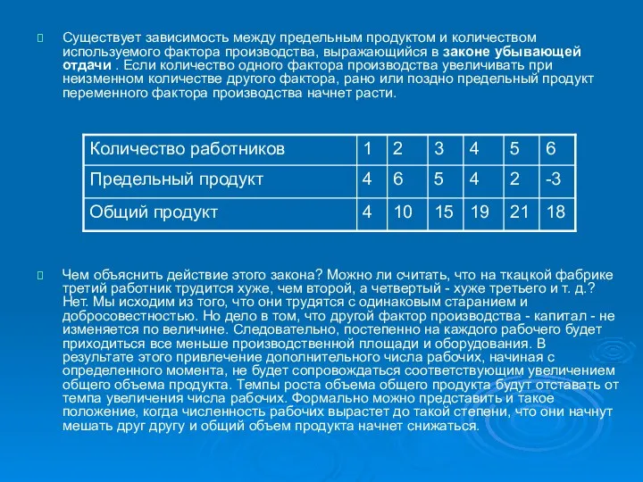 Существует зависимость между предельным продуктом и количеством используемого фактора производства,