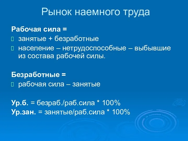 Рынок наемного труда Рабочая сила = занятые + безработные население