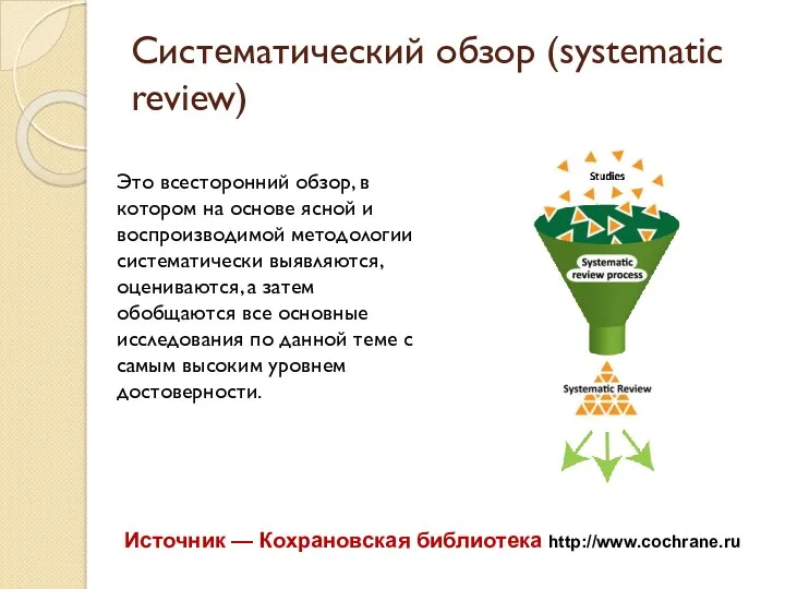 Систематический обзор (systematic review) Это всесторонний обзор, в котором на основе ясной и