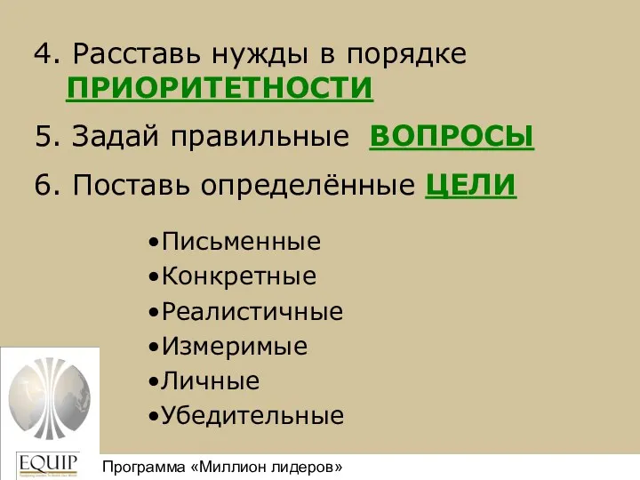 Million Leaders Mandate Программа «Миллион лидеров» 4. Расставь нужды в порядке ПРИОРИТЕТНОСТИ 5.