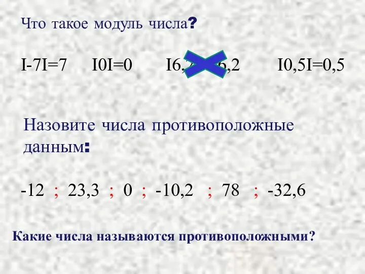 Что такое модуль числа? I-7I=7 I0I=0 I6,2I=-6,2 I0,5I=0,5 Назовите числа