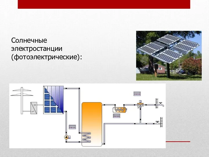 Излучение (например свет) – электроэнергия Солнечные электростанции (фотоэлектрические):