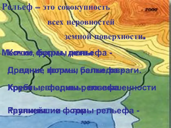 Рельеф – это совокупность всех неровностей земной поверхности. Мелкие формы