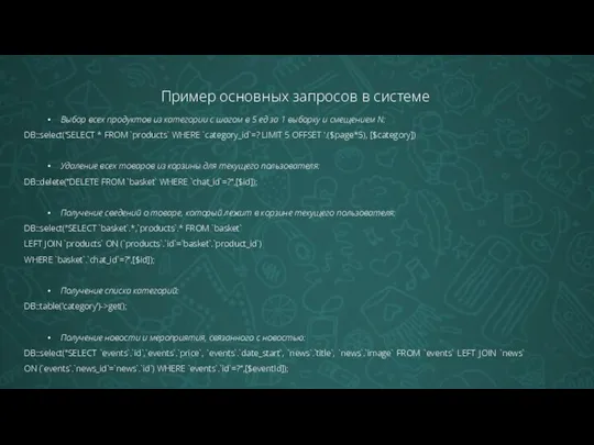 Пример основных запросов в системе Выбор всех продуктов из категории