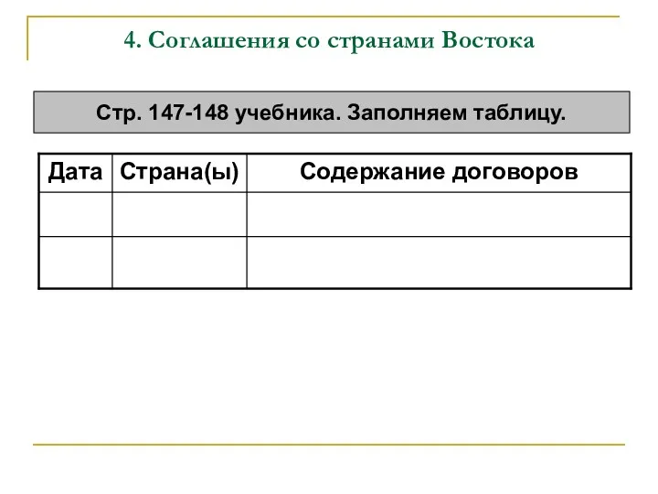 4. Соглашения со странами Востока Стр. 147-148 учебника. Заполняем таблицу.