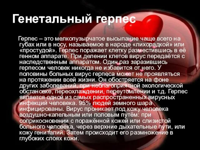 Генетальный герпес Герпес – это мелкопузырчатое высыпание чаще всего на