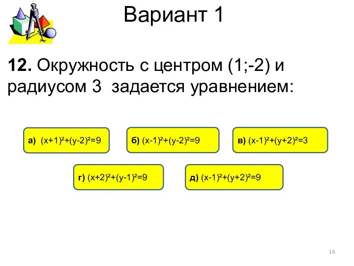 Вариант 1 12. Окружность с центром (1;-2) и радиусом 3
