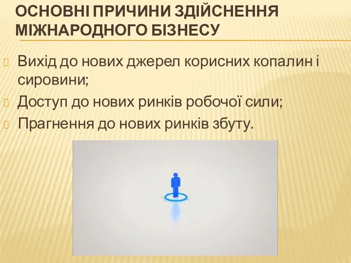 ОСНОВНІ ПРИЧИНИ ЗДІЙСНЕННЯ МІЖНАРОДНОГО БІЗНЕСУ Вихід до нових джерел корисних копалин і сировини;