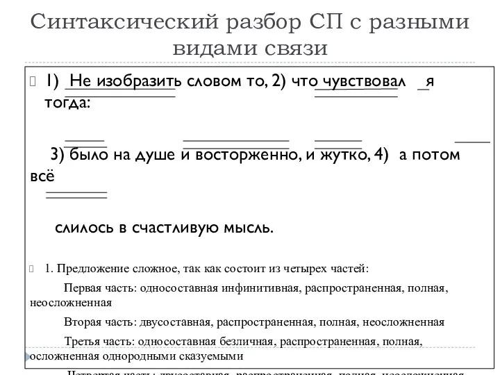 Синтаксический разбор СП с разными видами связи 1) Не изобразить словом то, 2)