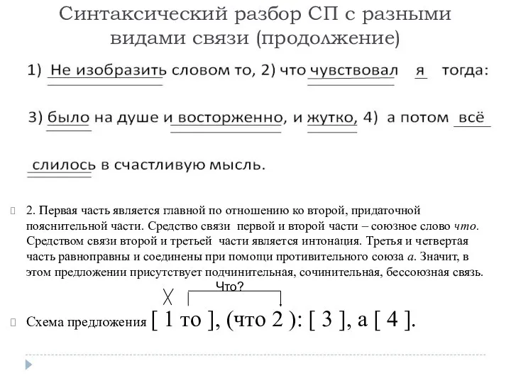 Синтаксический разбор СП с разными видами связи (продолжение) 2. Первая часть является главной