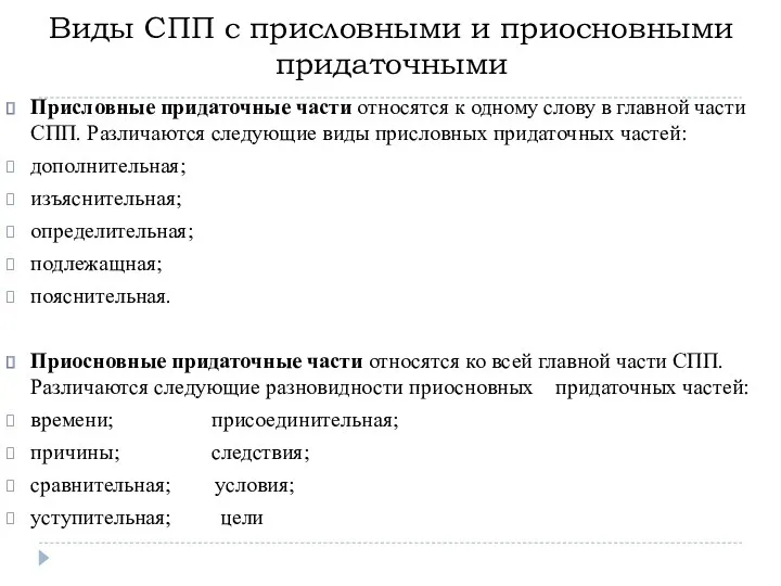 Виды СПП с присловными и приосновными придаточными Присловные придаточные части