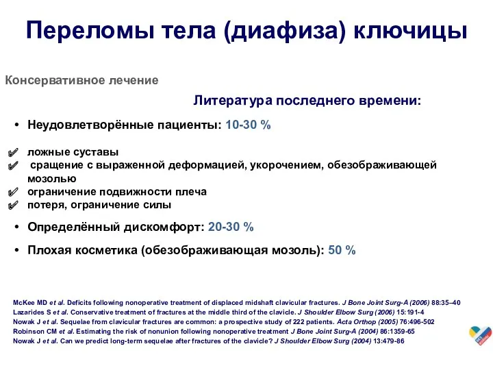 Неудовлетворённые пациенты: 10-30 % ложные суставы сращение с выраженной деформацией, укорочением, обезображивающей мозолью