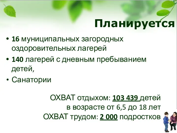 16 муниципальных загородных оздоровительных лагерей 140 лагерей с дневным пребыванием