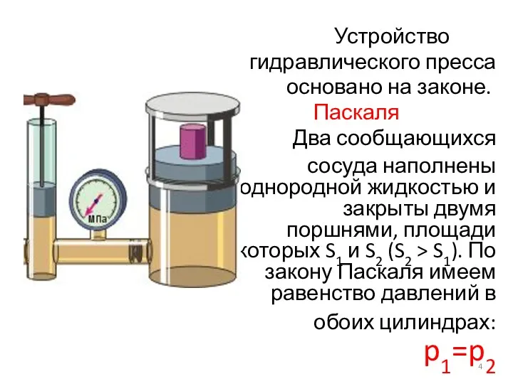 Устройство гидравлического пресса основано на законе. Паскаля Два сообщающихся сосуда