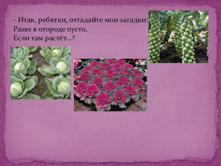 - Итак, ребятки, отгадайте мои загадки: Разве в огороде пусто, Если там растёт...?