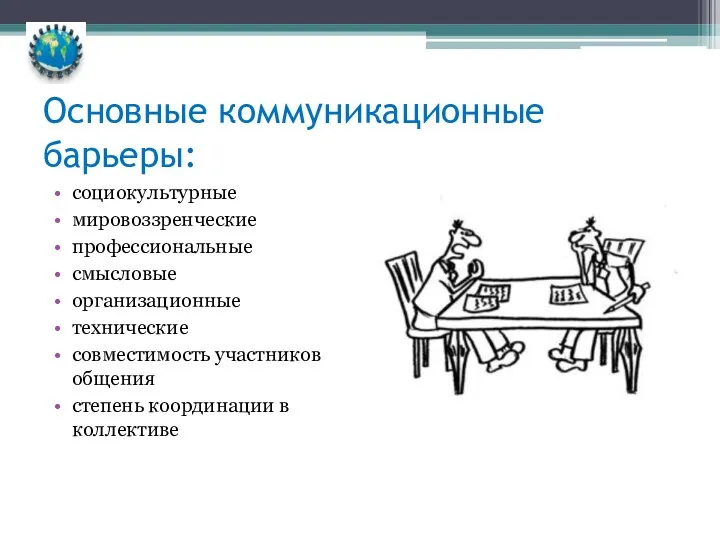 Основные коммуникационные барьеры: социокультурные мировоззренческие профессиональные смысловые организационные технические совместимость участников общения степень координации в коллективе