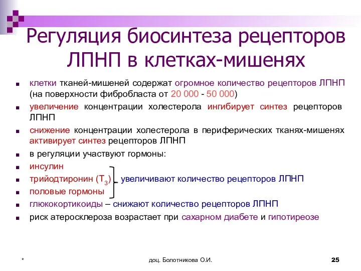 доц. Болотникова О.И. * Регуляция биосинтеза рецепторов ЛПНП в клетках-мишенях