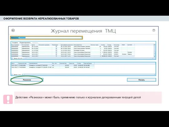 ОФОРМЛЕНИЕ ВОЗВРАТА НЕРЕАЛИЗОВАННЫХ ТОВАРОВ Действие «Разноска» может быть применимо только к журналам датированным текущей датой