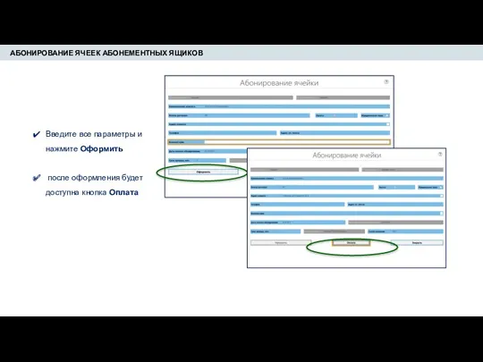 АБОНИРОВАНИЕ ЯЧЕЕК АБОНЕМЕНТНЫХ ЯЩИКОВ Введите все параметры и нажмите Оформить после оформления будет доступна кнопка Оплата