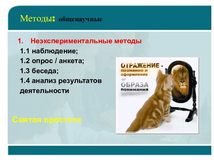 Методы: общенаучные Неэкспериментальные методы 1.1 наблюдение; 1.2 опрос / анкета;