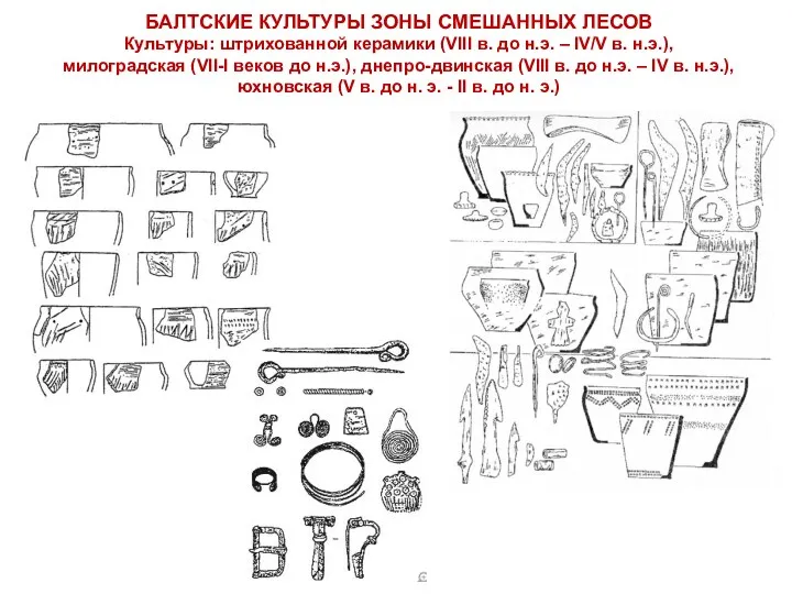 БАЛТСКИЕ КУЛЬТУРЫ ЗОНЫ СМЕШАННЫХ ЛЕСОВ Культуры: штрихованной керамики (VIII в.