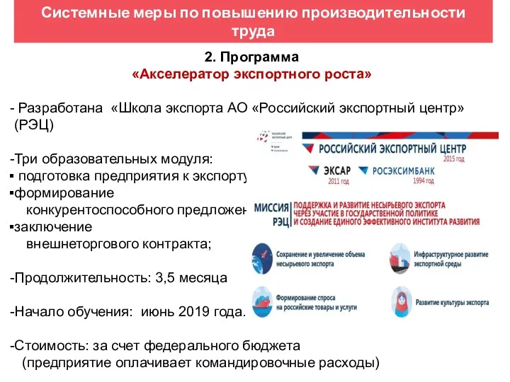 Системные меры по повышению производительности труда 2. Программа «Акселератор экспортного