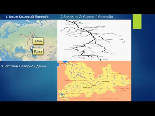 1. Волго-Камский бассейн 2.Западно-Сибирский бассейн 3.Бассейн Северной Двины