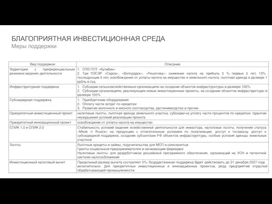 БЛАГОПРИЯТНАЯ ИНВЕСТИЦИОННАЯ СРЕДА Меры поддержки