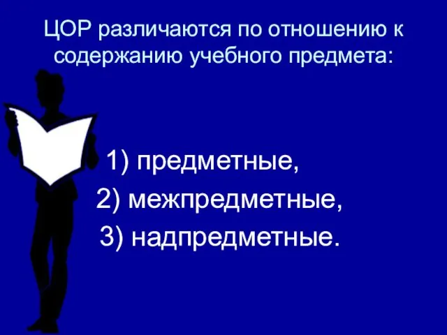 ЦОР различаются по отношению к содержанию учебного предмета: 1) предметные, 2) межпредметные, 3) надпредметные.