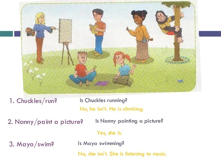 1. Chuckles/run? 2. Nanny/paint a picture? 3. Maya/swim? Is Chuckles