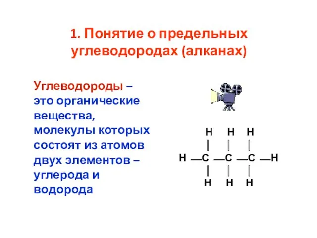 1. Понятие о предельных углеводородах (алканах) Углеводороды – это органические вещества, молекулы которых