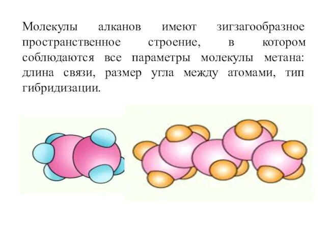 Молекулы алканов имеют зигзагообразное пространственное строение, в котором соблюдаются все