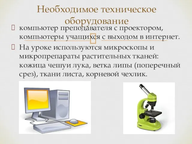 компьютер преподавателя с проектором, компьютеры учащихся с выходом в интернет.