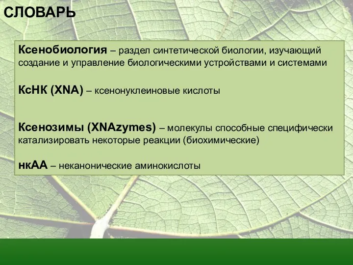 СЛОВАРЬ Ксенобиология – раздел синтетической биологии, изучающий создание и управление