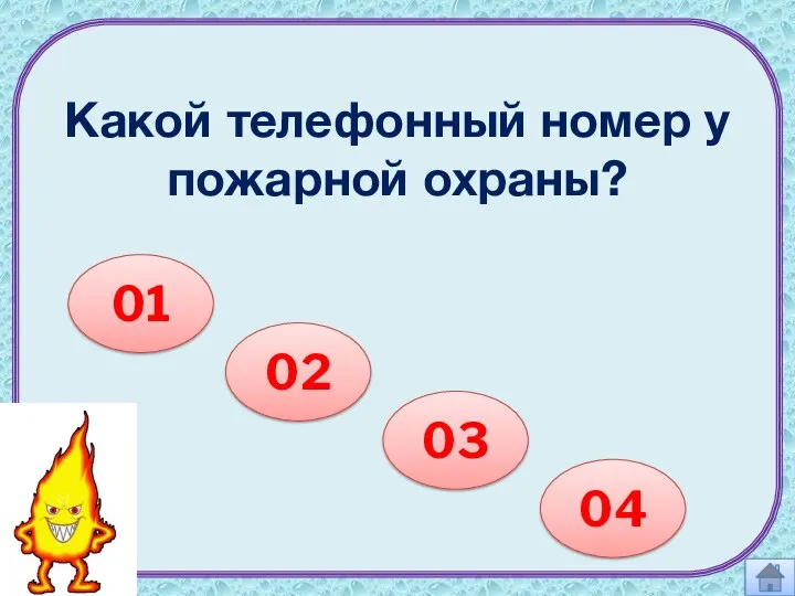 Какой телефонный номер у пожарной охраны? 01 02 03 04