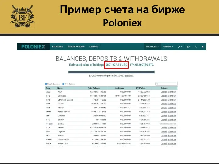 Пример счета на бирже Poloniex