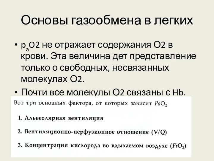 Основы газообмена в легких paO2 не отражает содержания О2 в