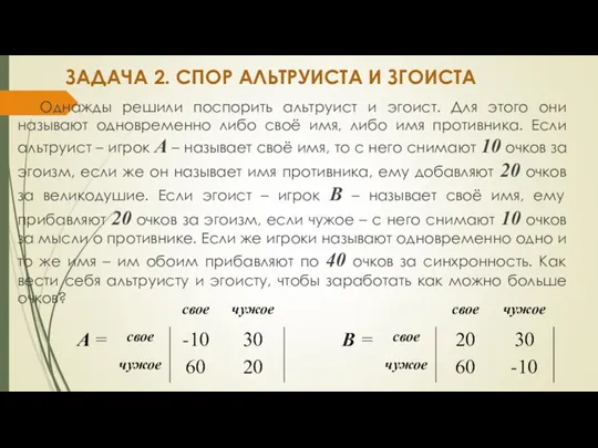 ЗАДАЧА 2. СПОР АЛЬТРУИСТА И ЗГОИСТА Однажды решили поспорить альтруист