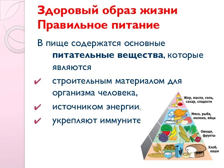 Здоровый образ жизни Правильное питание В пище содержатся основные питательные