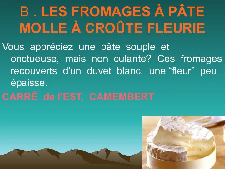 B . LES FROMAGES À PÂTE MOLLE À CROÛTE FLEURIE