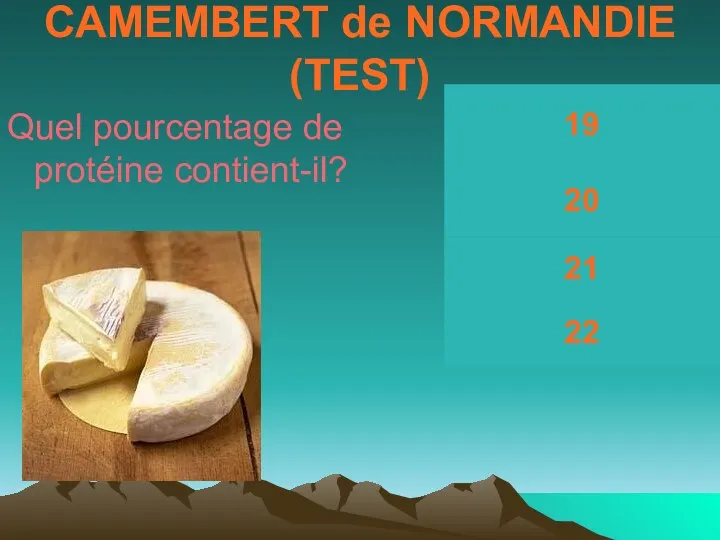 CAMEMBERT de NORMANDIE (TEST) Quel pourcentage de protéine contient-il? 19 20 21 22