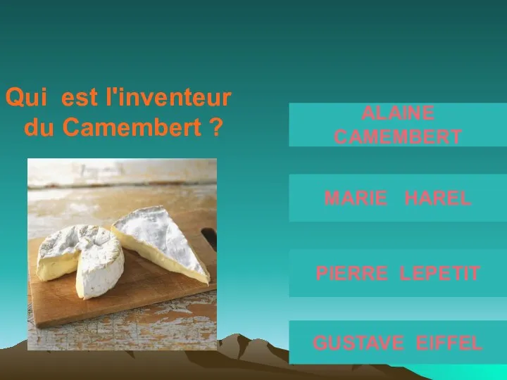 Qui est l'inventeur du Camembert ? ALAINE CAMEMBERT MARIE HAREL PIERRE LEPETIT GUSTAVE EIFFEL