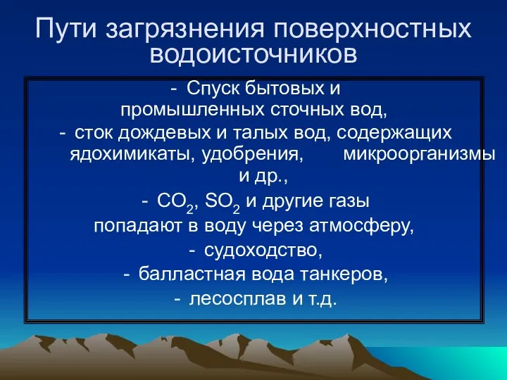 Пути загрязнения поверхностных водоисточников Спуск бытовых и промышленных сточных вод,