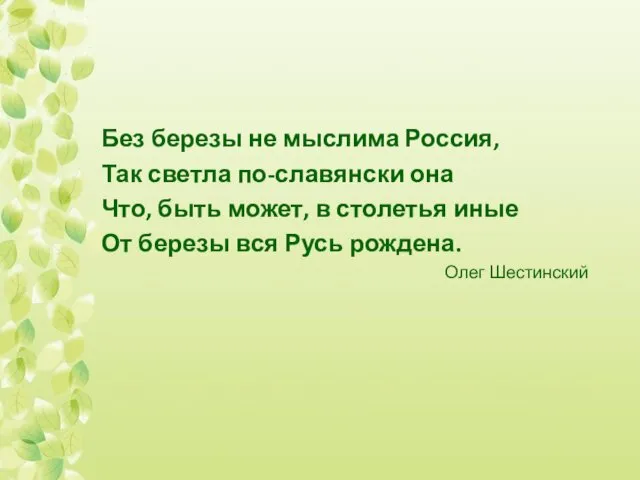 Без березы не мыслима Россия, Так светла по-славянски она Что,