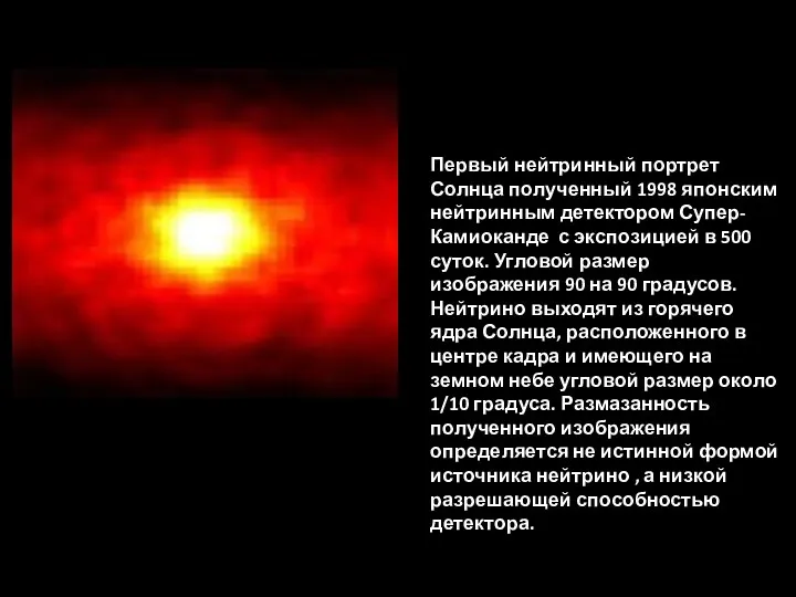 Первый нейтринный портрет Солнца полученный 1998 японским нейтринным детектором Супер-Камиоканде