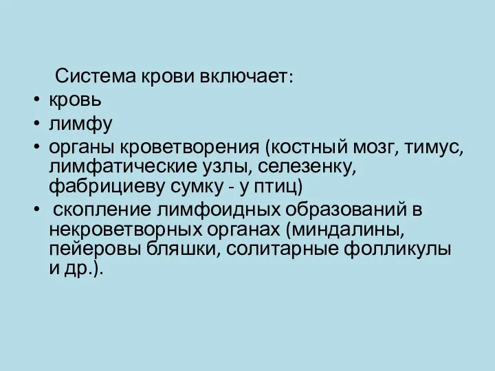 Система крови включает: кровь лимфу органы кроветворения (костный мозг, тимус,