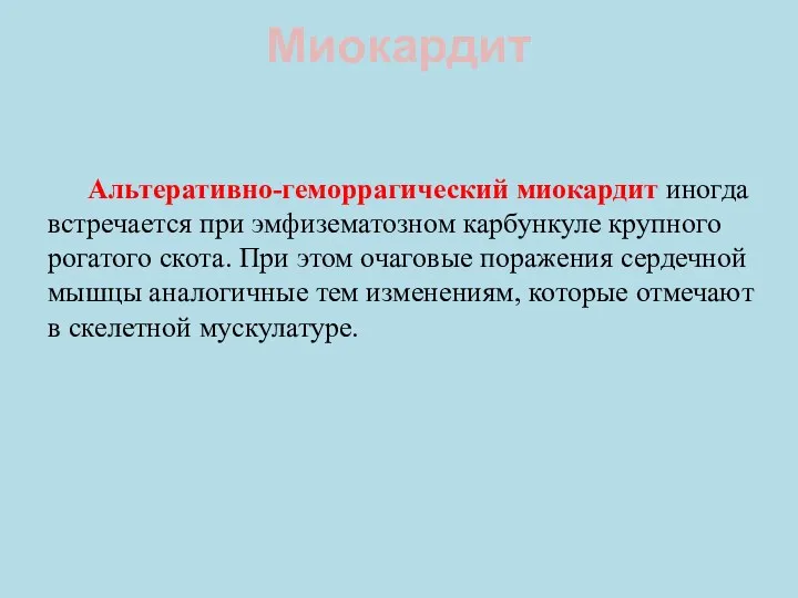 Миокардит Альтеративно-геморрагический миокардит иногда встречается при эмфизематозном карбункуле крупного рогатого