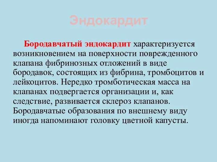 Эндокардит Бородавчатый эндокардит характеризуется возникновением на поверхности поврежденного клапана фибринозных